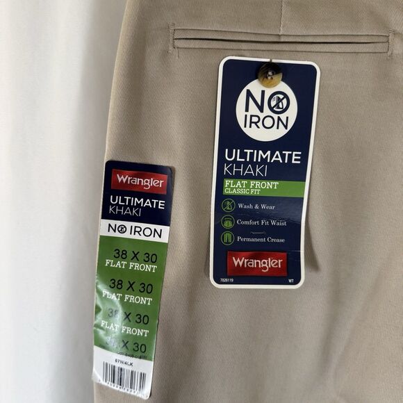Wrangler Ultimate Khaki Pants Men's 38x30 Tan Flat Front Classic Fit No Iron - Picture 10 of 10